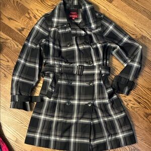 Women’s XL Black Gray White Classic Plaid Trench Coat